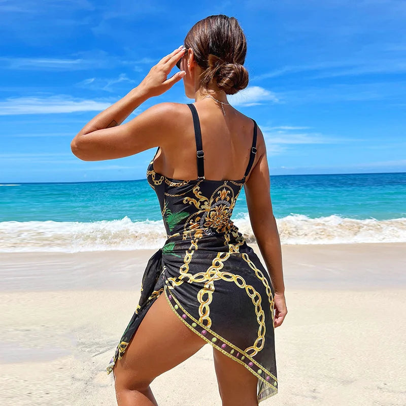 Maillot de bain une pièce push-up noir au dos nageur, imprimé chaînes dorées et drapé