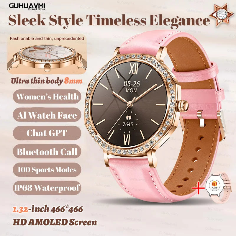 Montre Connectée Luxe Femme Diamant ChatGPT - 8mm Ultra Fine Bluetooth IP68 Or Rose - MONASTORESHOP.COM