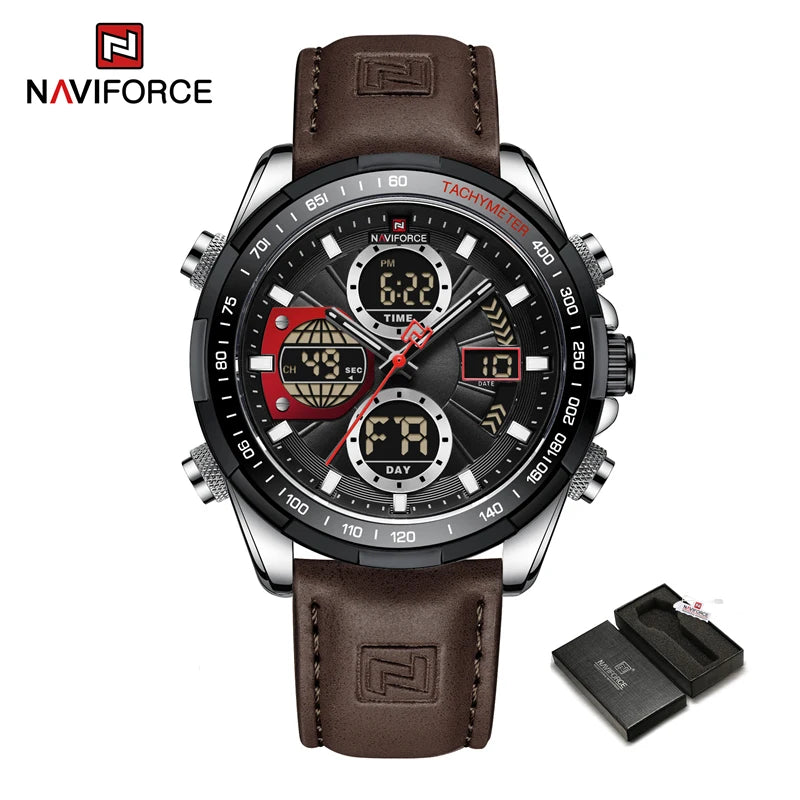 Montre homme NAVIFORCE à bracelet cuir marron, cadran noir à détails rouges et or, chronographe.
