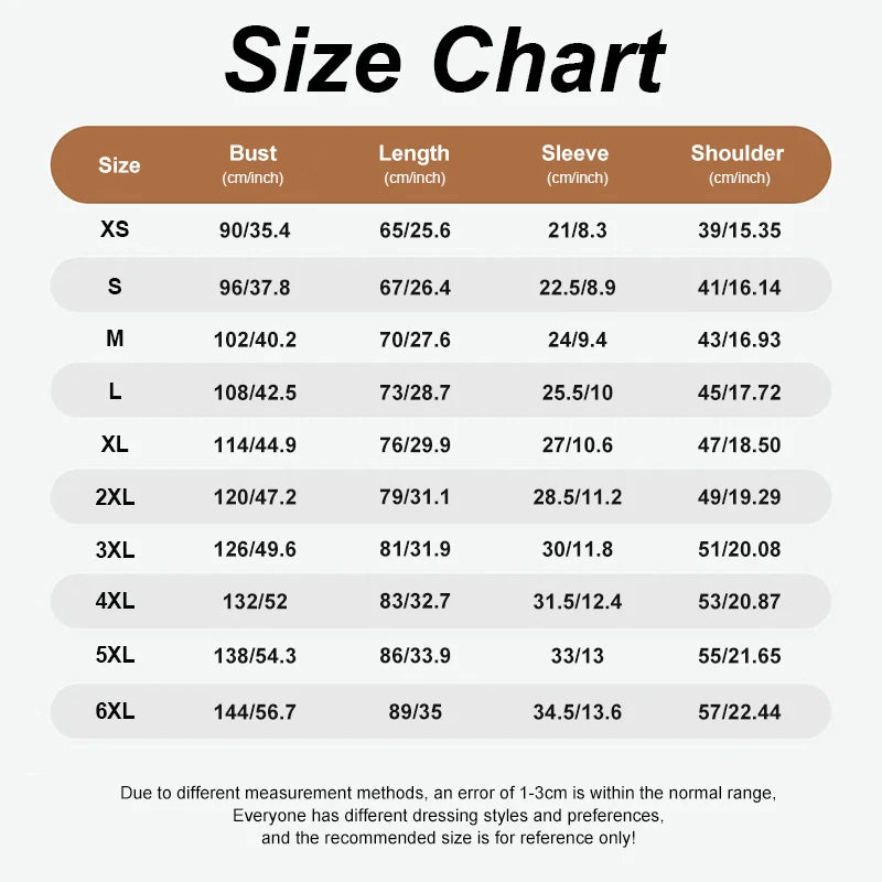 Tableau des tailles pour vêtements, tailles XS à 6XL