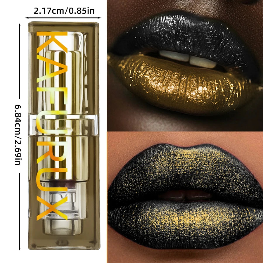 Rouge à lèvres en étui doré, lèvres noir et jaune métalliques pailletées