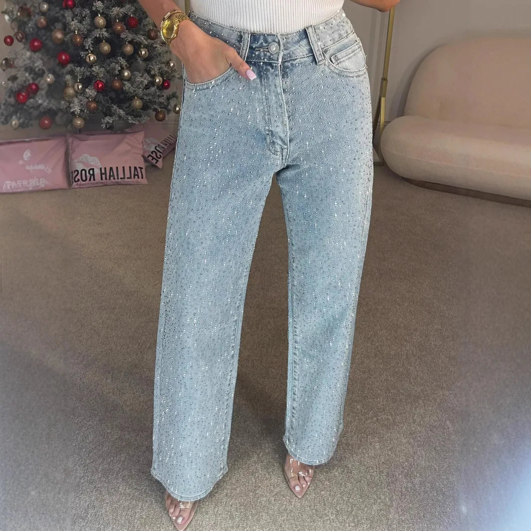 jeans droit délavé taille haute pour soirée festive