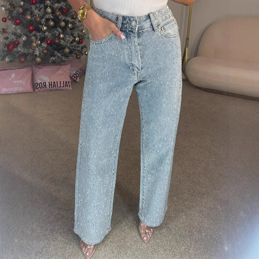 jeans droit délavé taille haute pour soirée festive