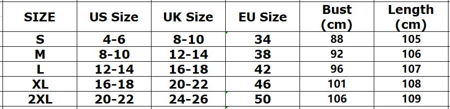 Tableau des tailles : buste et longueur par taille S à 2XL, unités en cm