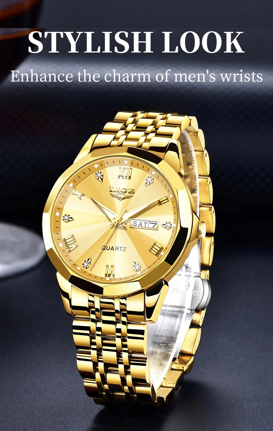 Montre Femme LIGE Acier Inoxydable - Quartz Luxe Or Noir Classique Élégante