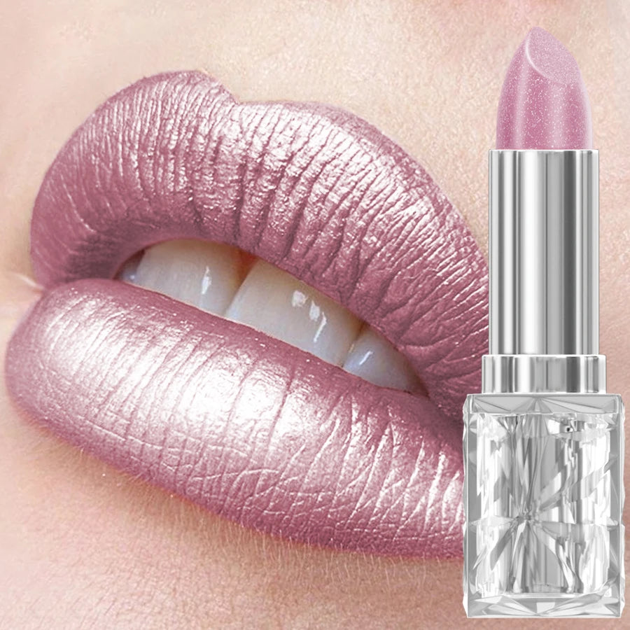 Rouge à lèvres velours pailleté métallisé rose mauve, lèvres détaillées et étui