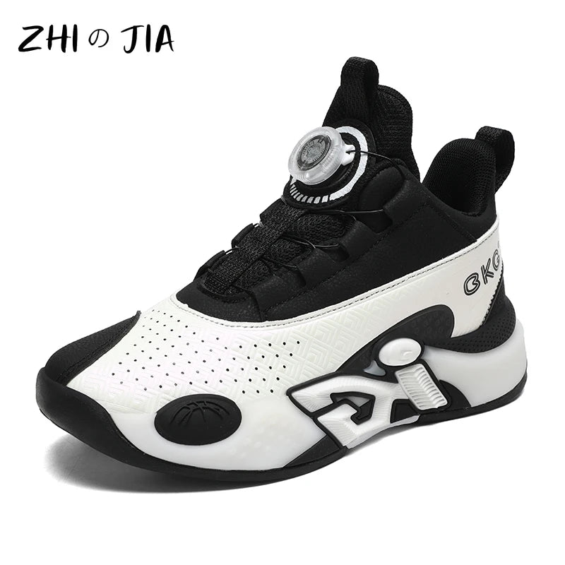 Chaussure de basket enfant noire et blanche, lacets et sangle