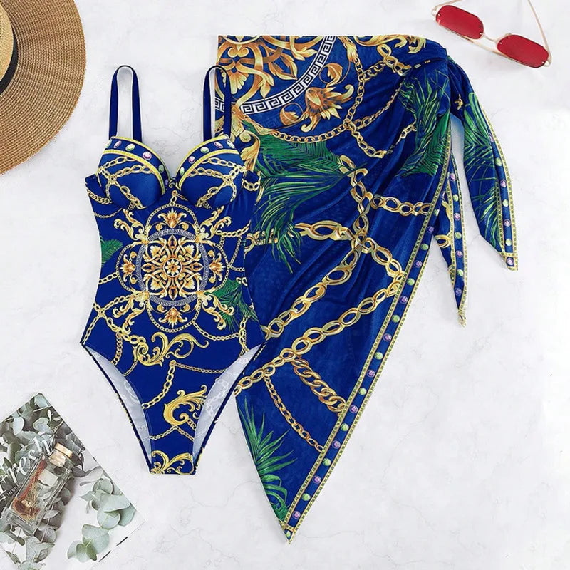 Maillot de bain une pièce bleu push-up à armatures, drapé sur le côté, motif or/vert