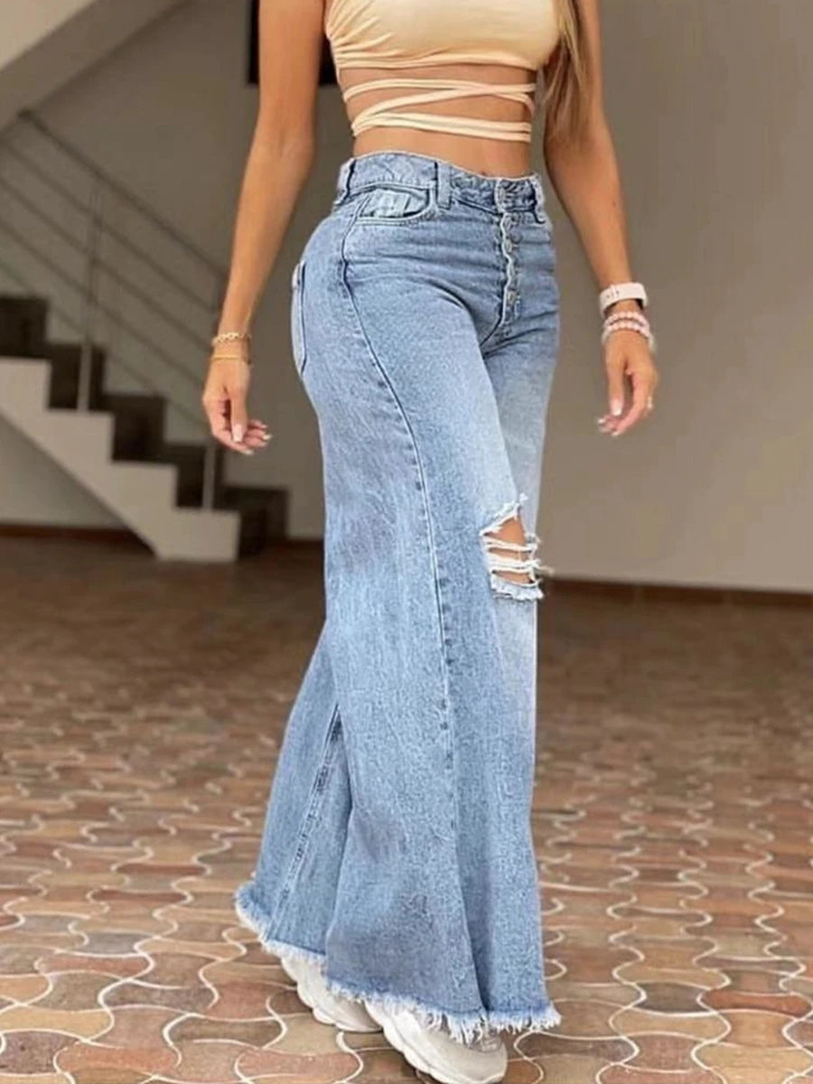 Jean Taille Haute Jambes Larges Femme - Coupe Loose Denim Bleu