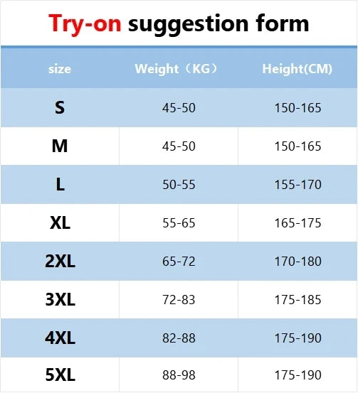 Tableau des tailles S à 5XL: poids et hauteur (cm) indiqués
