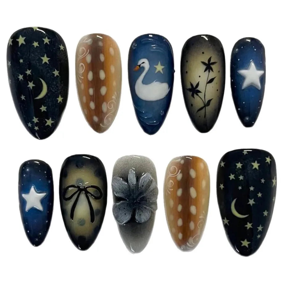 Faux ongles noirs dégradés, 24 pièces, motif étoile jaune, lune, cygne