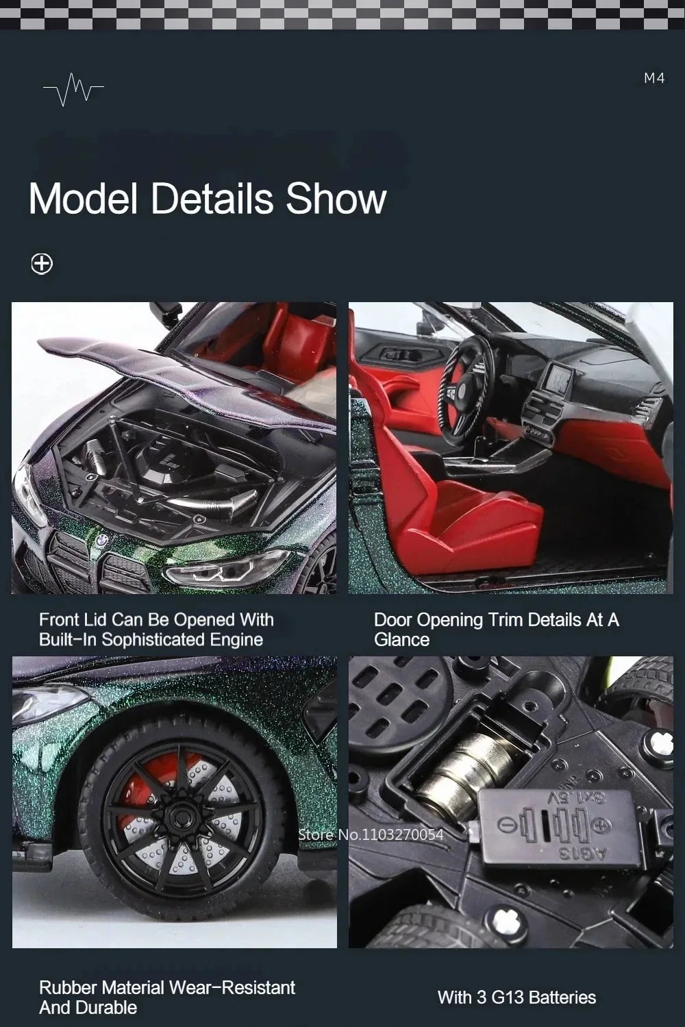 M3 GTR M4 Alliage métal Miniature 1/24 avec portes et capot ouvrant lumière et pile inclus