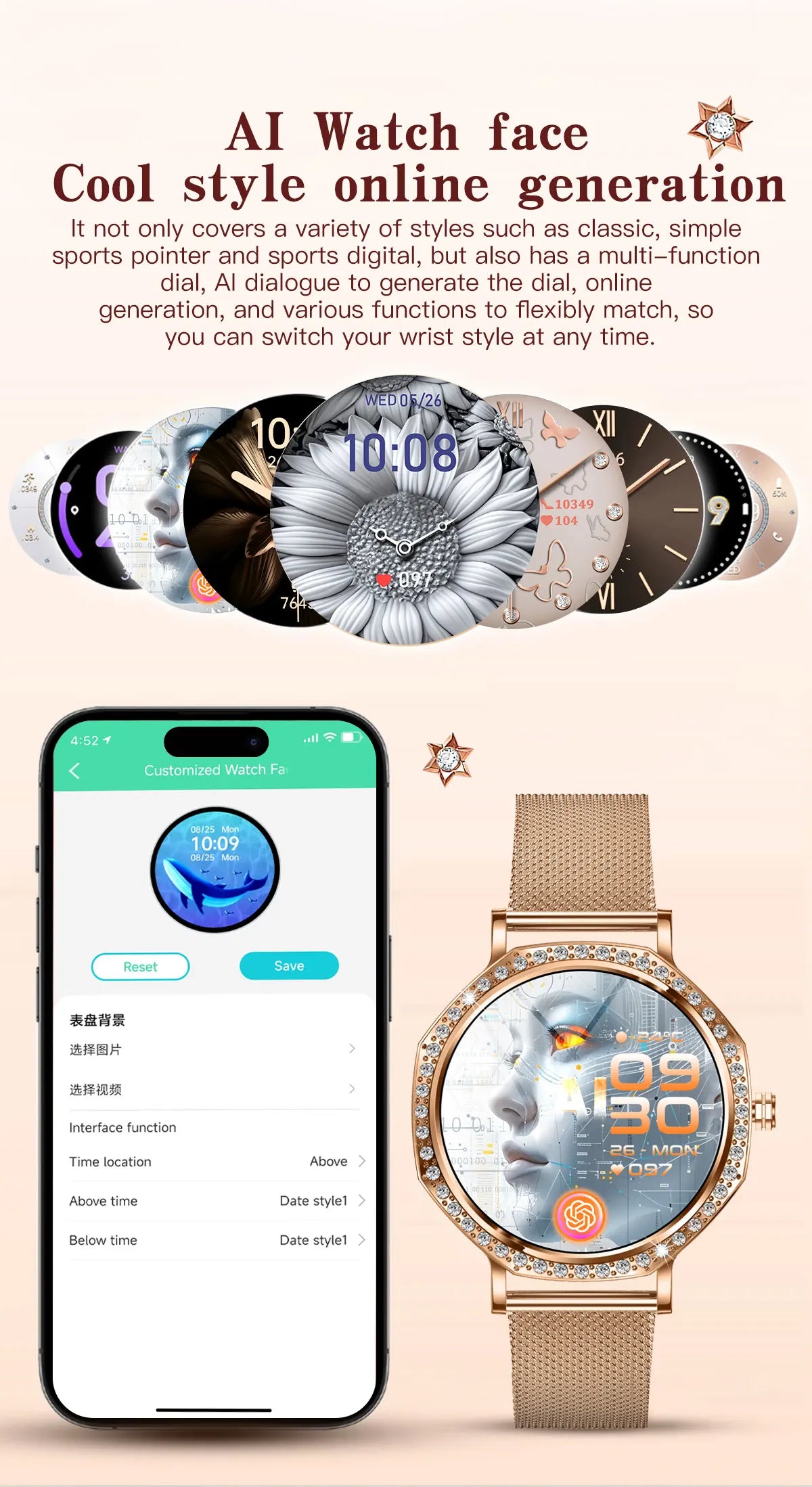 Montre Connectée Luxe Femme Diamant ChatGPT - 8mm Ultra Fine Bluetooth IP68 Or Rose - MONASTORESHOP.COM