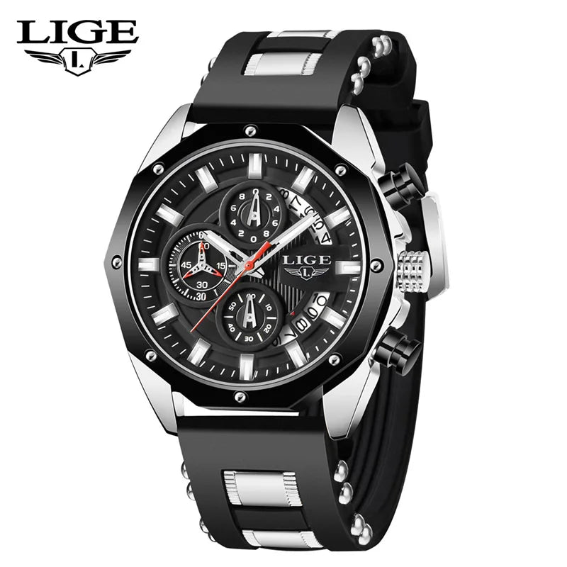 Montre Sport Homme LIGE Silicone - Chronographe Quartz Étanche Luxe Noir Or Rose