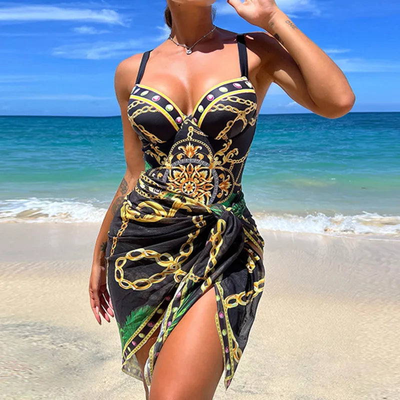Maillot de bain une pièce push-up noir à bretelles, imprimé chaînes dorées et drapé
