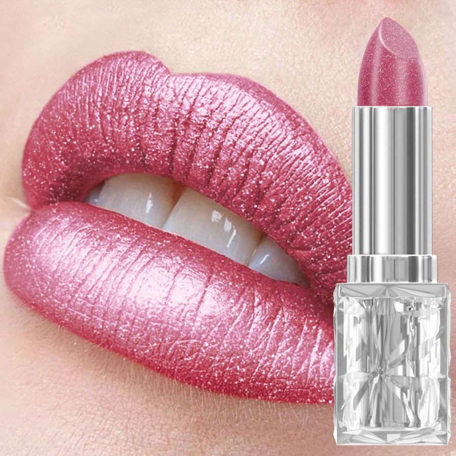 Rouge à lèvres velours pailleté métallisé mauve rosé, lèvres avec finition brillante