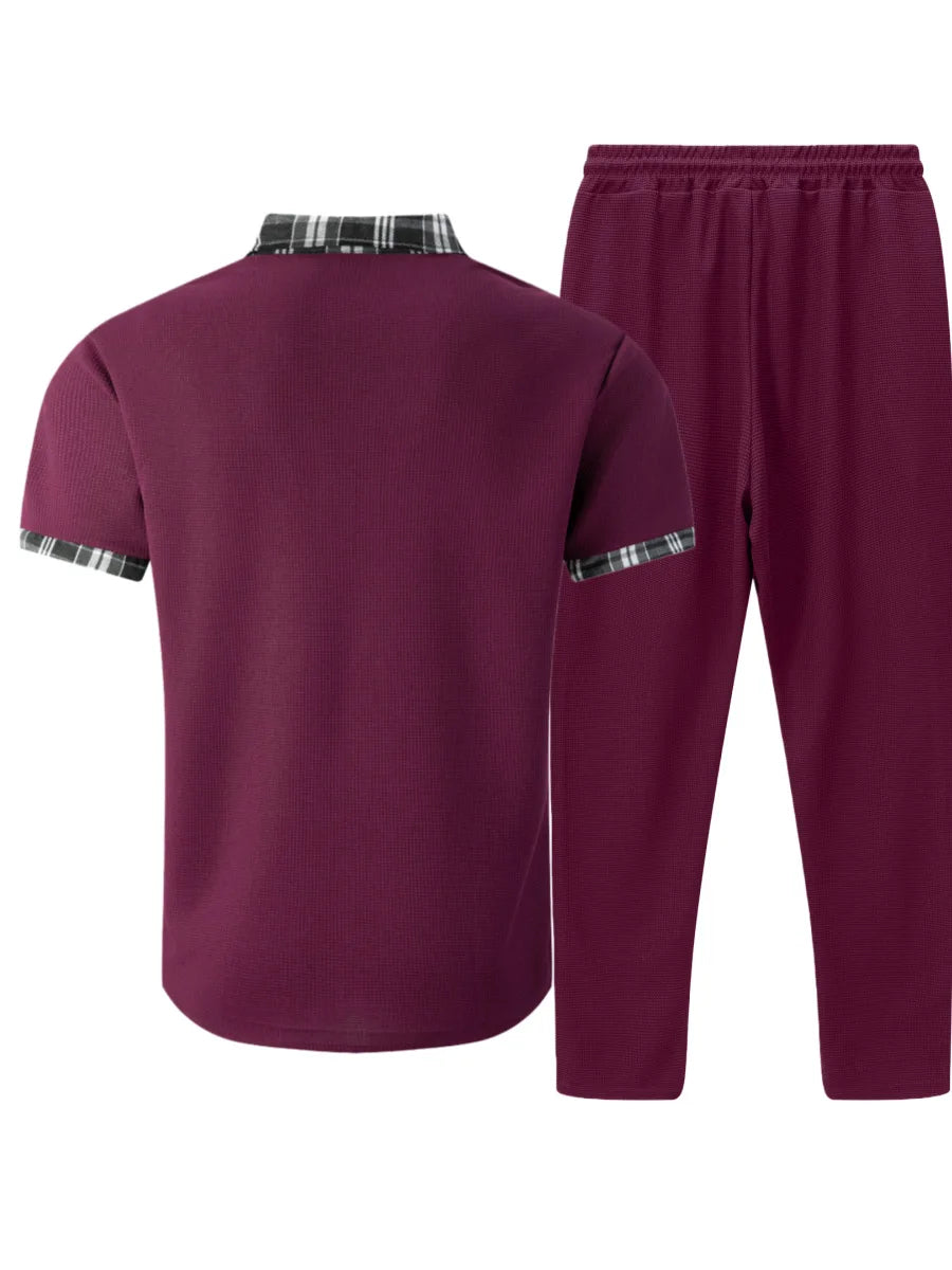 Ensemble chemise gaufrée vue dos col à carreaux et pantalon assorti bordeaux