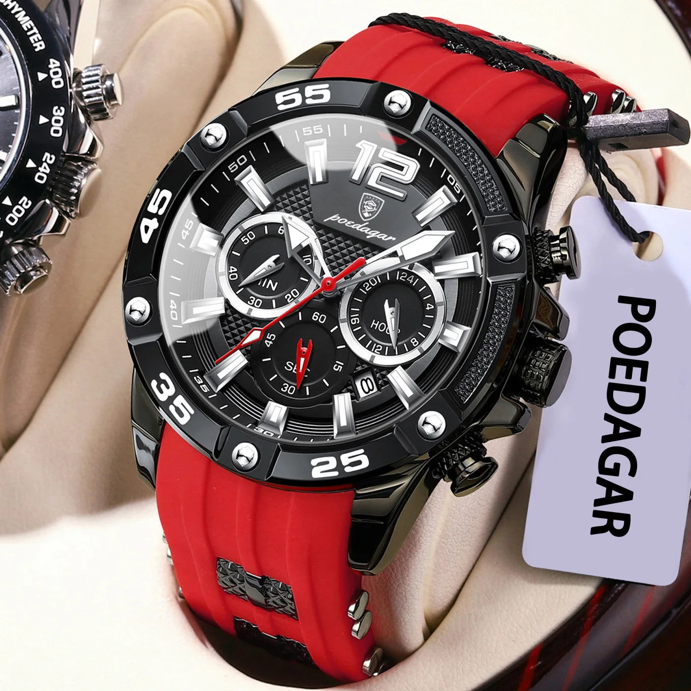Montre sport PoEDAGAR chronographe, bracelet silicone rouge, boîtier noir, cadran noir