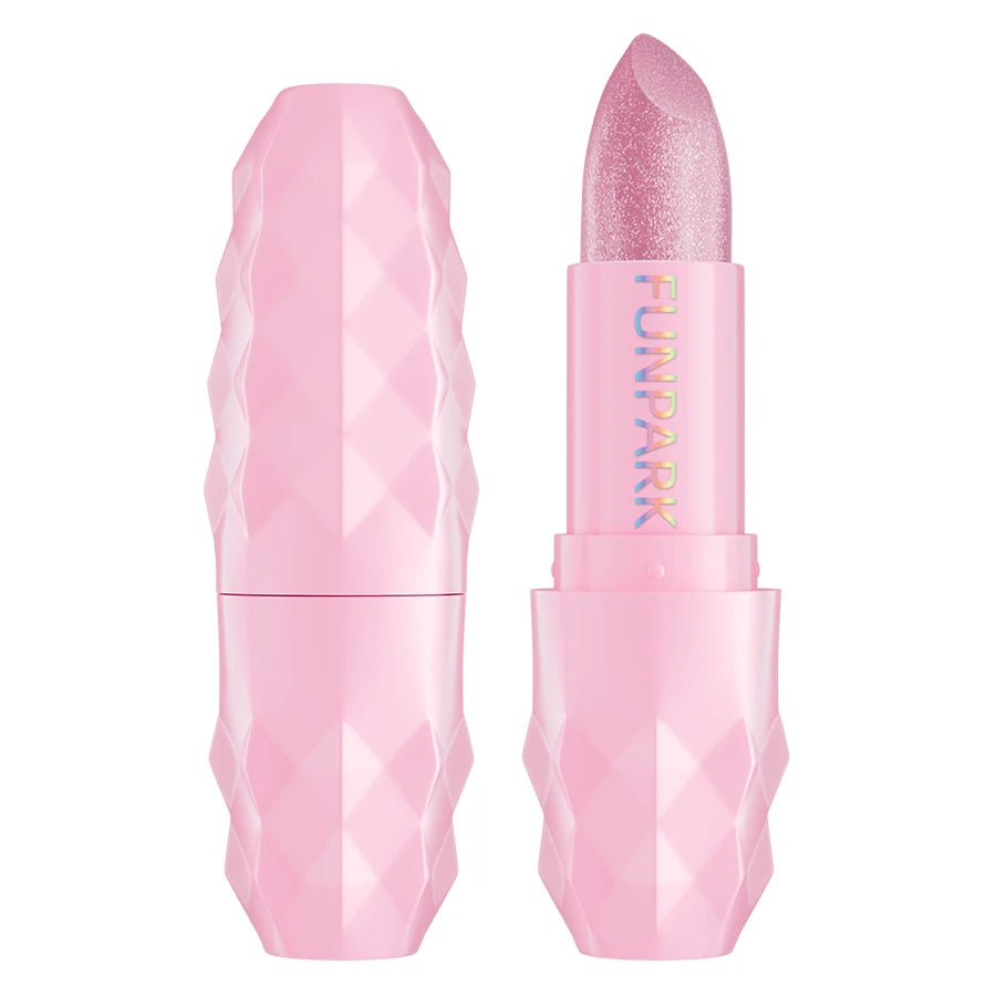 Rouge à lèvres FUMMARIK : tube rose et embout rose mauve, finition pailletée