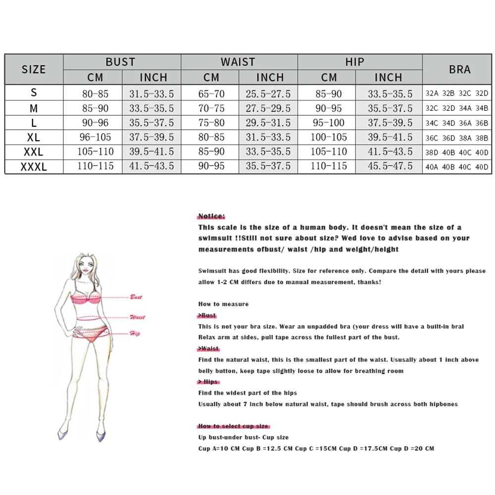 Tableau des tailles maillot de bain : poitrine, taille, hanches et guide