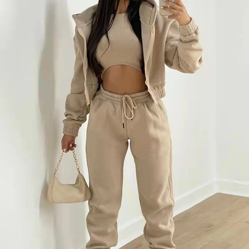 Ensemble 3 Pieces Femme - Sweat Capuche Zippee Debardeur Pantalon Jogging