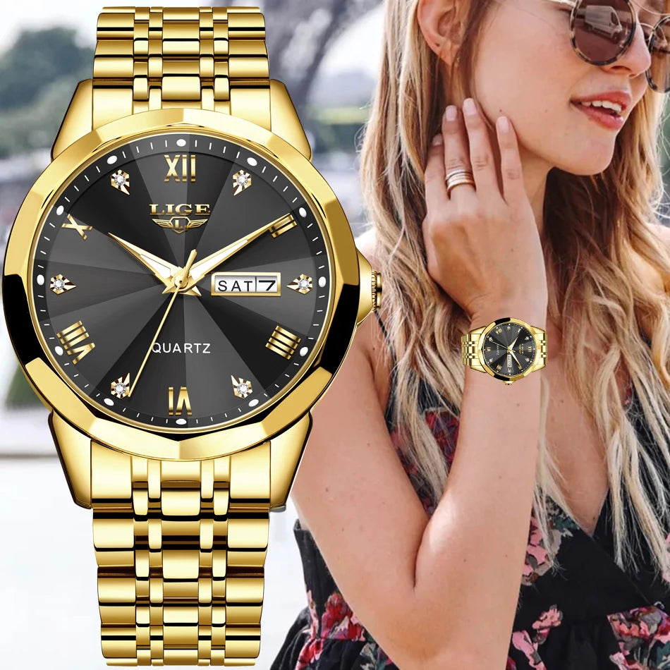 Montre Femme LIGE Acier Inoxydable - Quartz Luxe Or Noir Classique Élégante