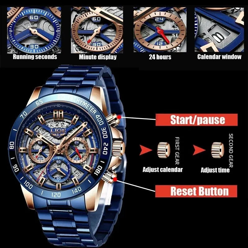 LIGE-Montre-bracelet à quartz étanche pour homme, chronographe de sport