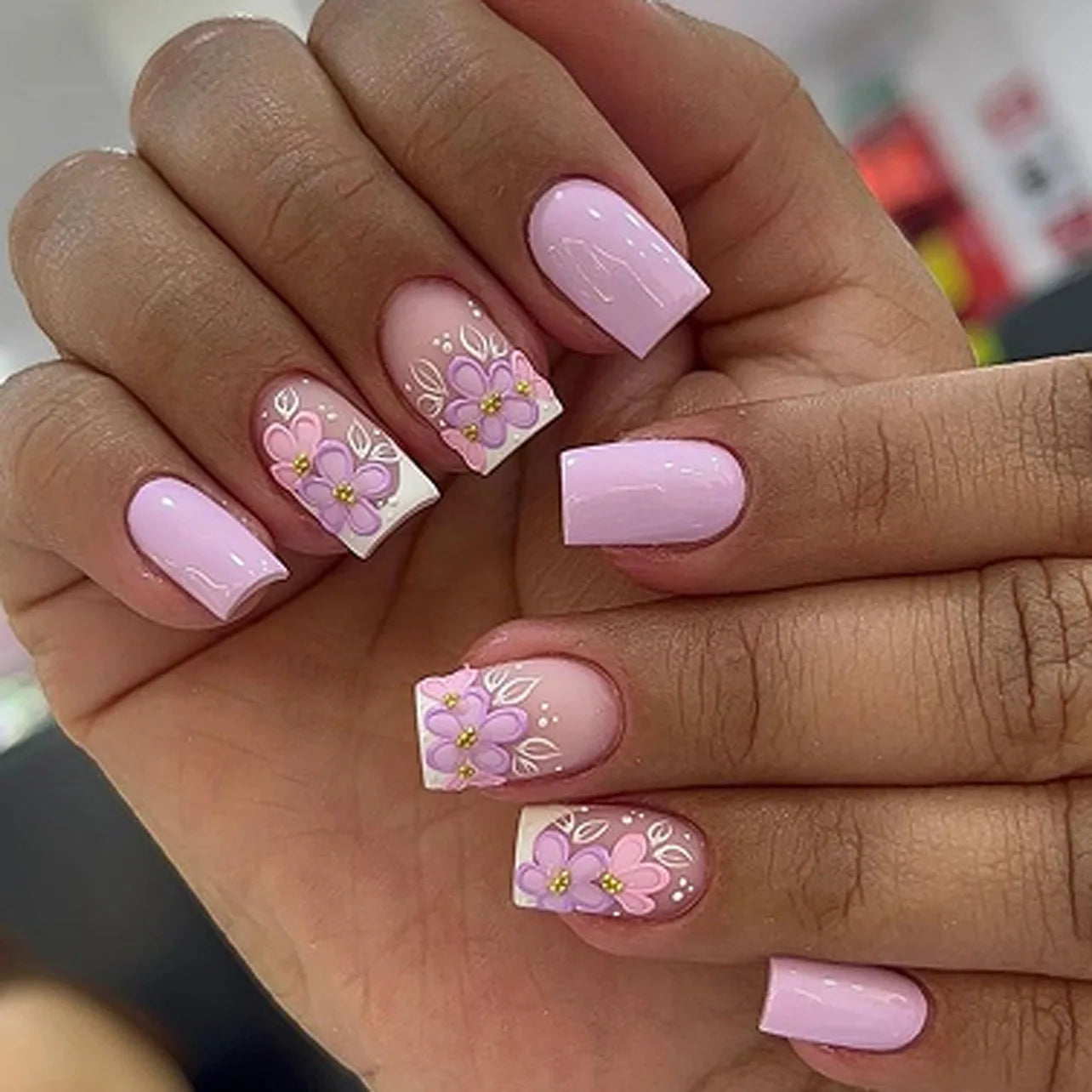 Faux ongles à pression carrée courte, fleur de Jade