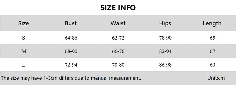 Tableau d’info tailles S à L : buste, taille, hanches et longueur en cm