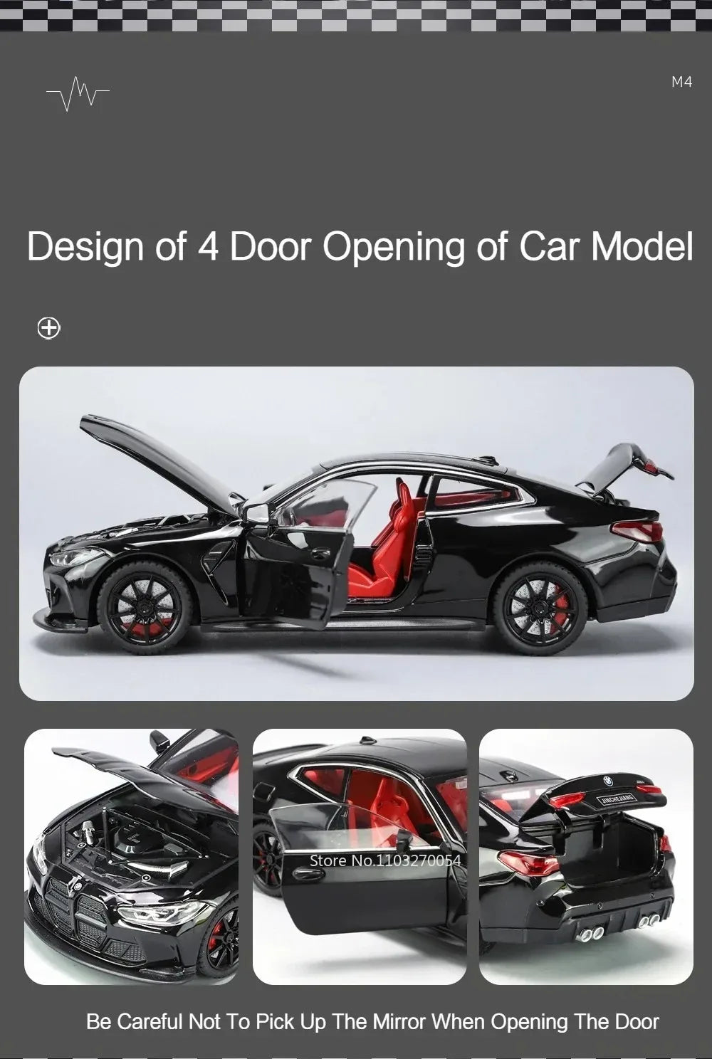 M3 GTR M4 Alliage métal Miniature 1/24 avec portes et capot ouvrant lumière et pile inclus