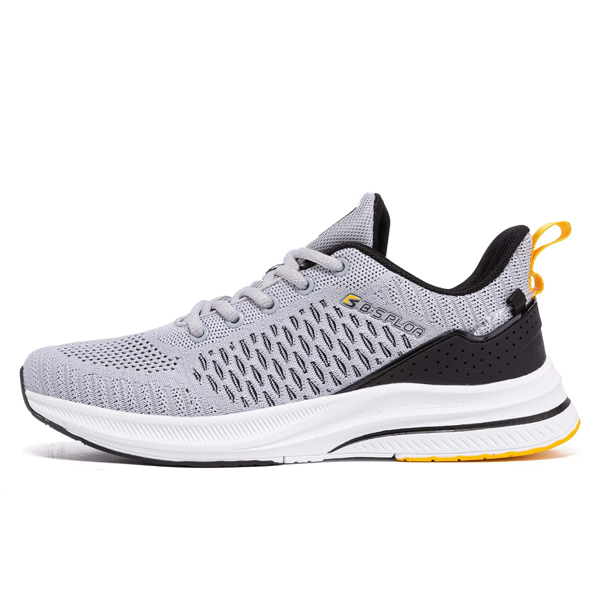 Chaussure running homme maille grise, lacets, semelle blanche amortie, détail jaune