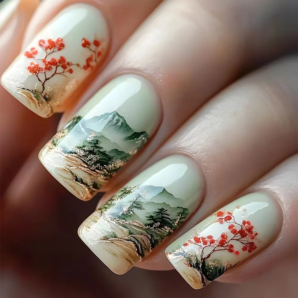 Faux ongles à pression carrée courte, fleur de Jade