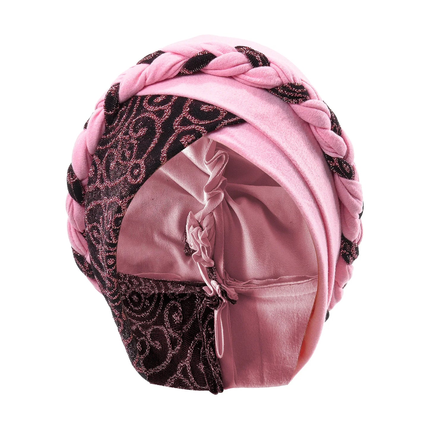 Bonnet turban tressé rose pâle, vue intérieure avec doublure satin.