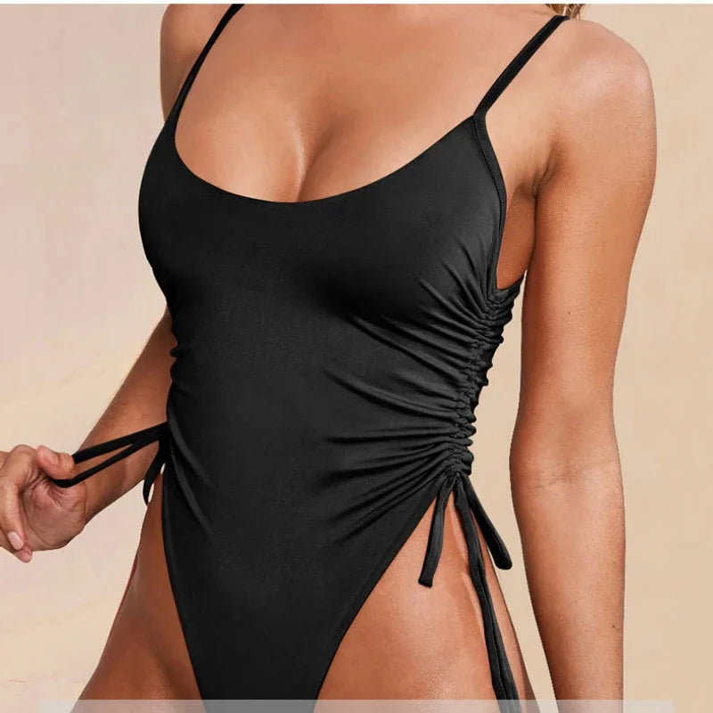 Maillot de Bain Une Pièce Noir Sexy - Bi-Matière Mat & Scintillant - Grande Taille