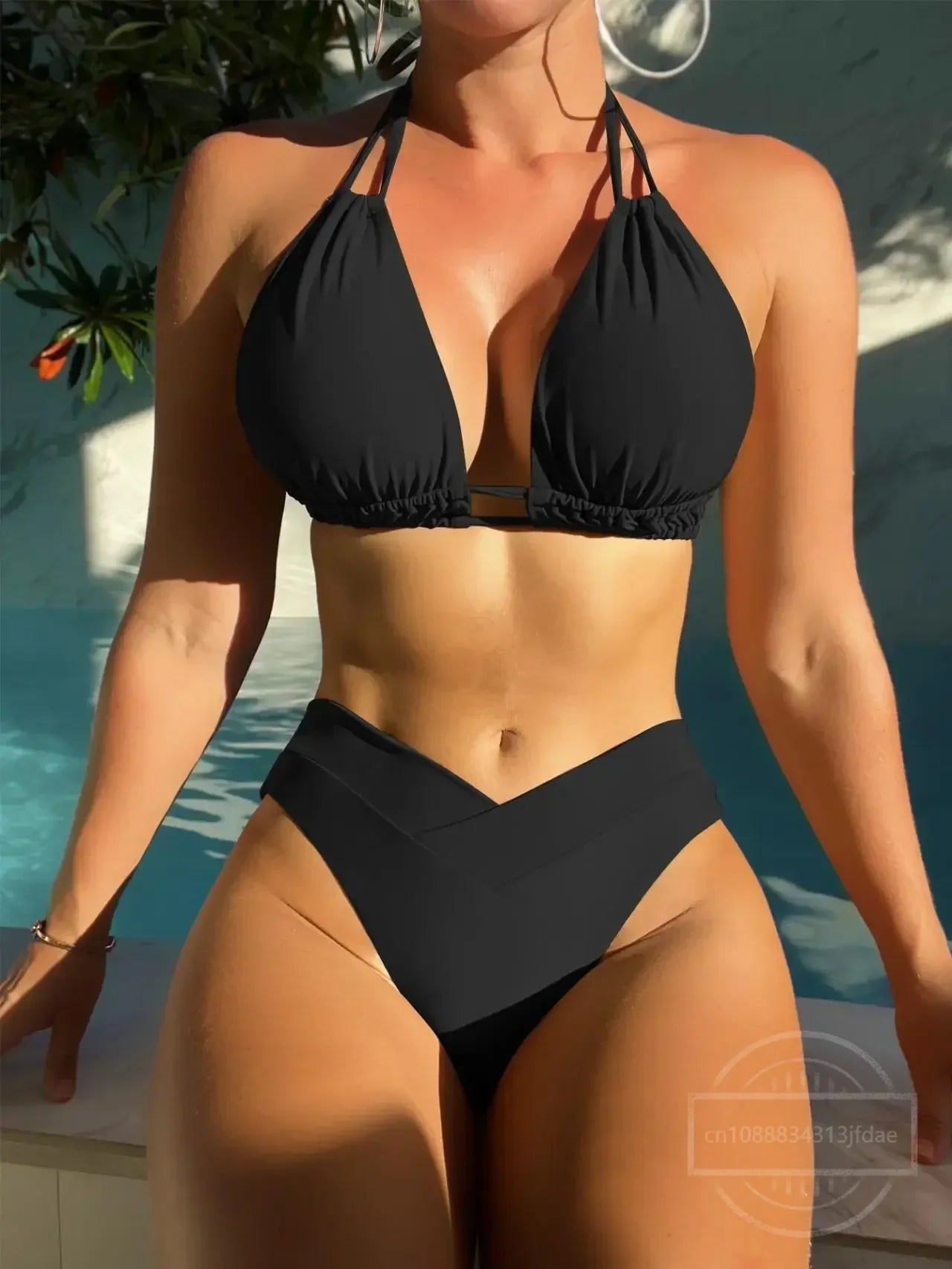 Bikini Noir Grande Taille Col Licou Push-Up - Maillot de Bain 2 Pièces Sexy Été