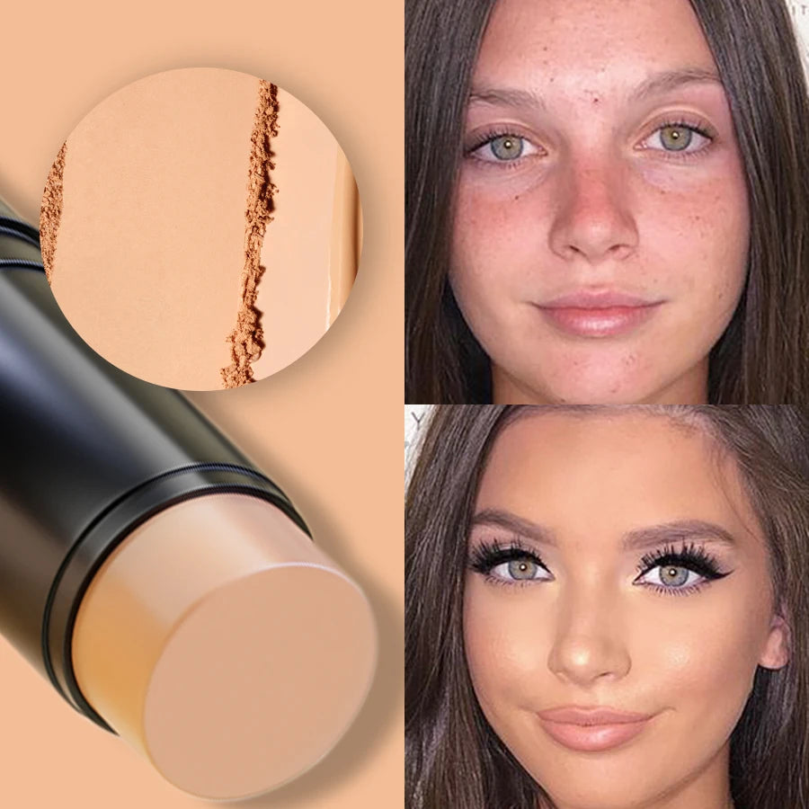 Crayon correcteur en bâton noir, capuchon beige, teinte appliquée sur le visage