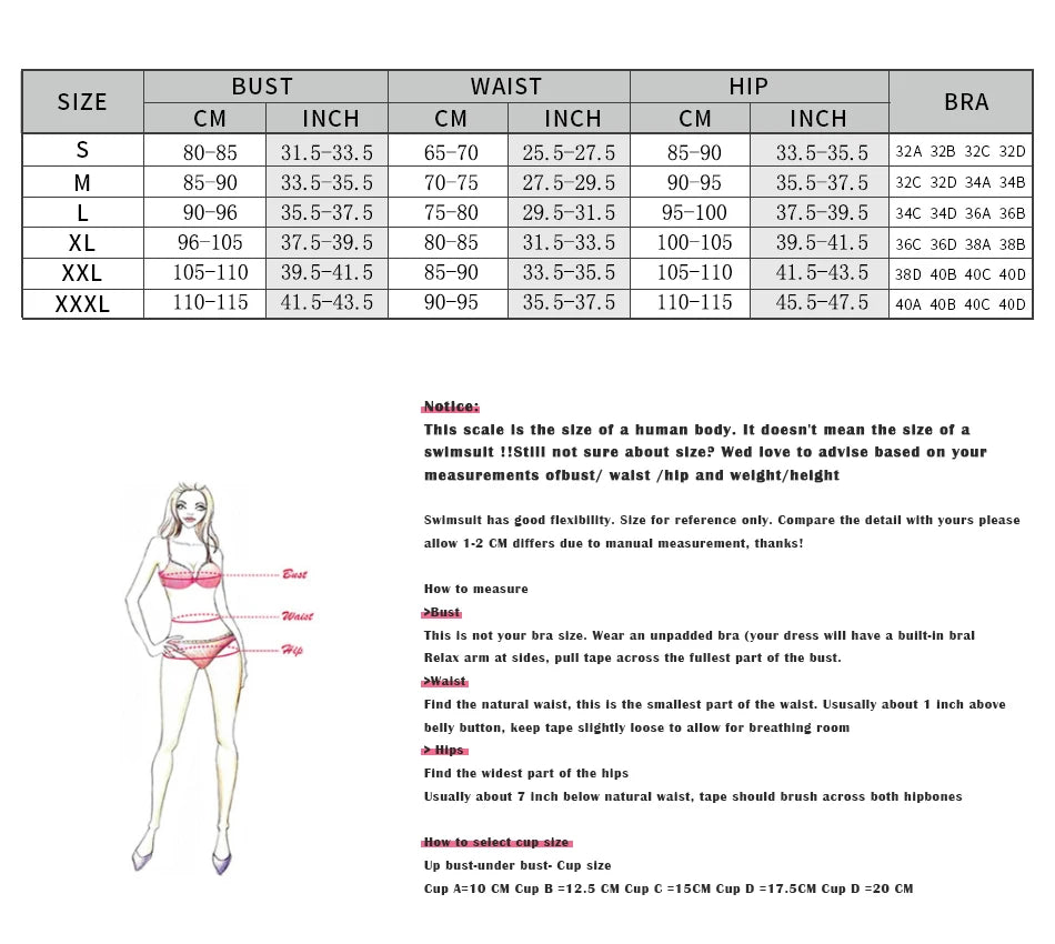 Guide des tailles : buste, taille et hanches pour maillot de bain 2 pièces