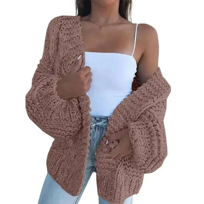 Cardigan peluche femme marron, manches chauve-souris ample, tricot texturé