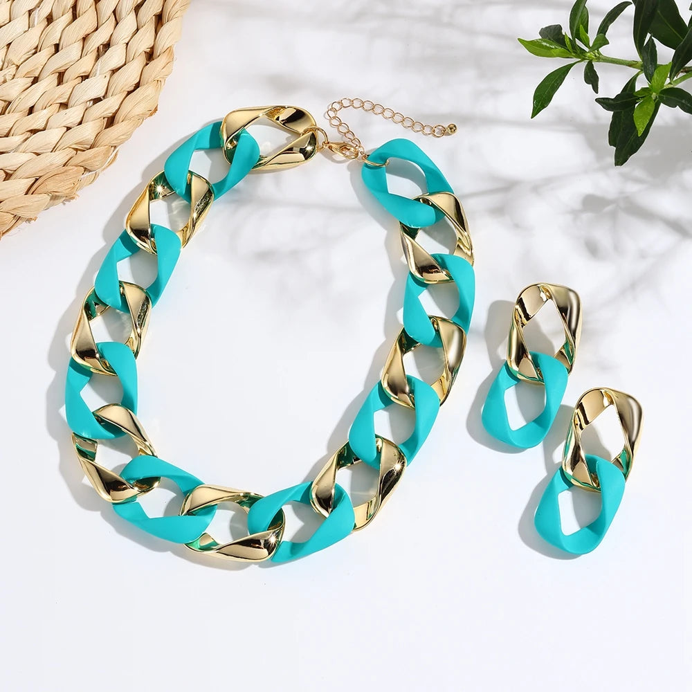 Parure Bijoux Femme Hip Hop - Collier Ras-du-Cou & Boucles Fluorescent Doré