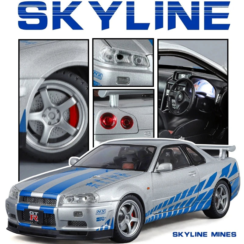 Modèle de voiture Nissan GT-R R34 Skyline en alliage roue démontable au 1/18