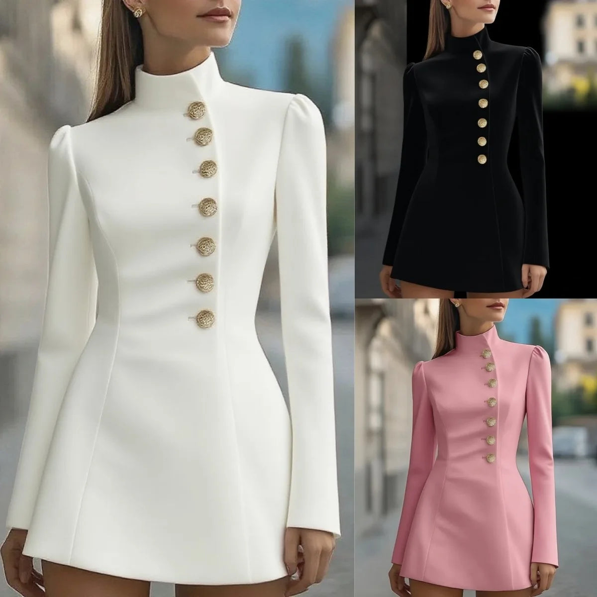 Aperçu robe col roulé : blanc, noir et rose, manches longues, boutons dorés