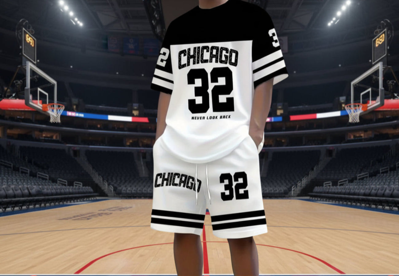 Ensemble t-shirt imprimé et short homme blanc, Chicago 32 devant et sur le bas