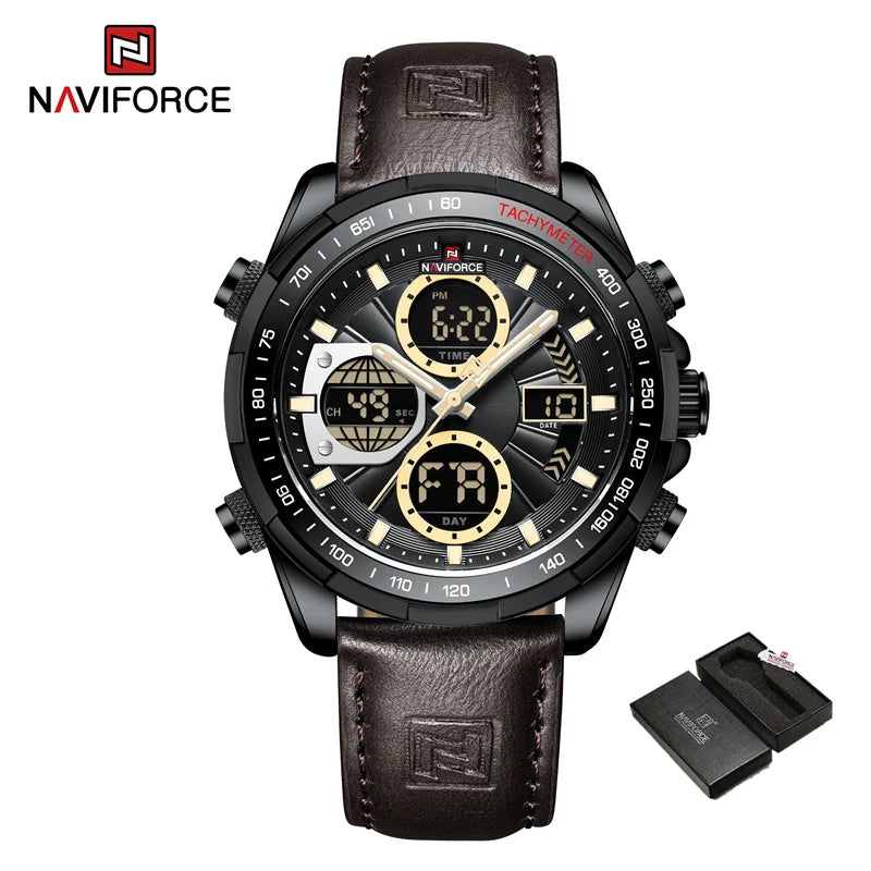 Montre homme NAVIFORCE à bracelet cuir noir, cadran noir et bleu, boîtier noir, chronographe.