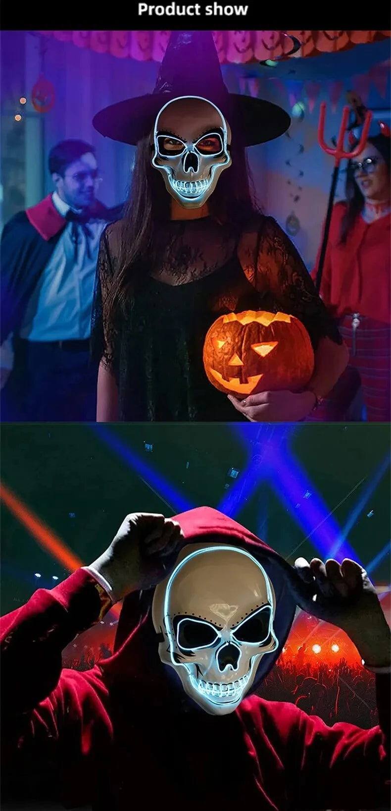 masque crâne d'halloween adultes équipé de LED couleurs aux choix