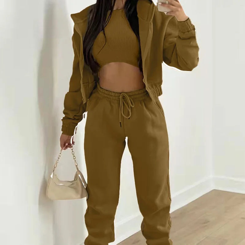 Ensemble 3 Pieces Femme - Sweat Capuche Zippee Debardeur Pantalon Jogging