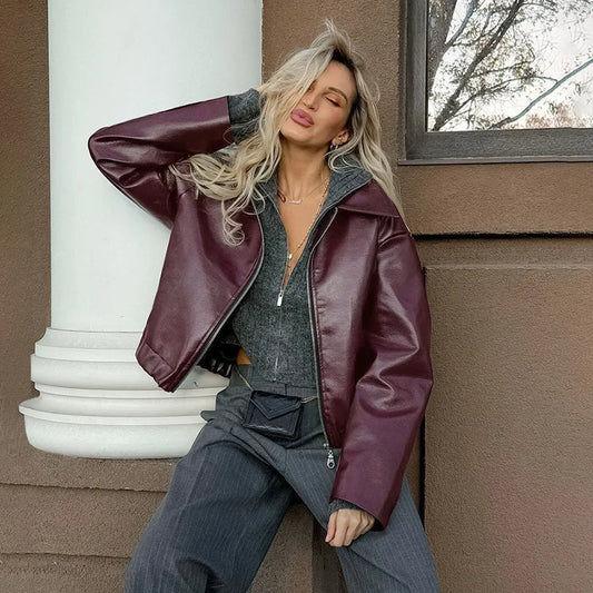 Veste Courte Faux Cuir Femme - Blouson Bomber à Fermeture Éclair