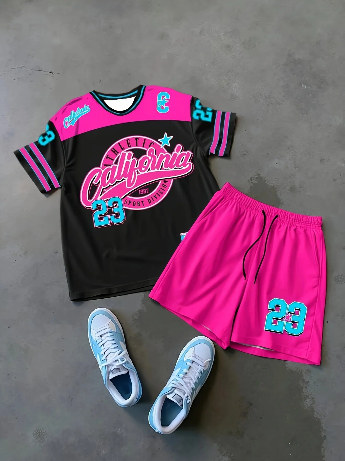 Ensemble t-shirt imprimé California rose/noir et short rose numéro 23