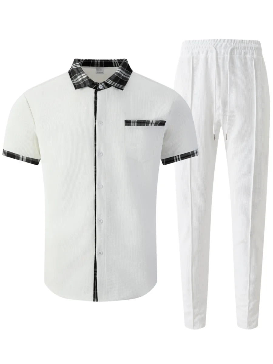 Ensemble chemise à boutons col à carreaux et pantalon coordonné blanc