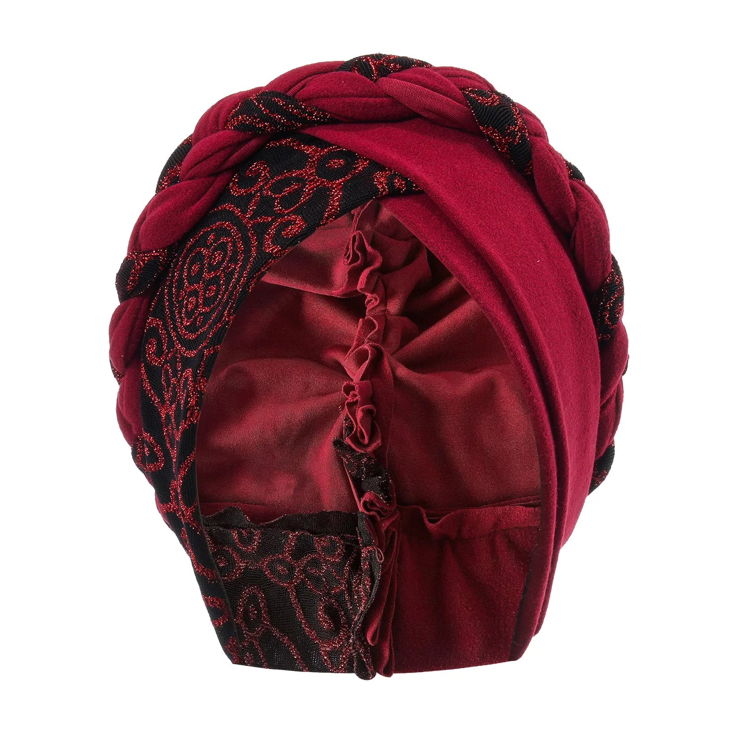 Bonnet turban tressé femme bordeaux avec motifs noirs et doublure satin.
