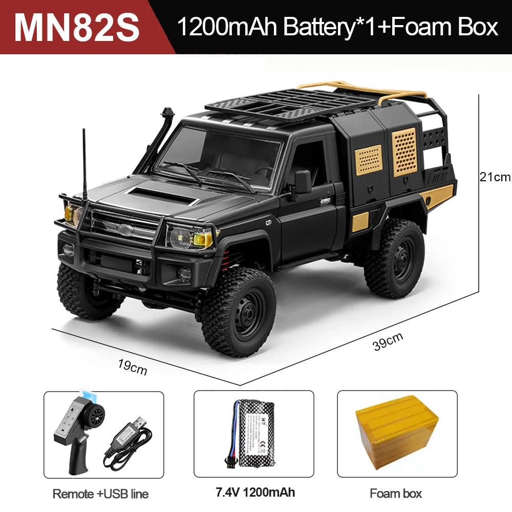 Camion RC MN82S noir avec télécommande, batterie 7,4 V et boîtier en mousse
